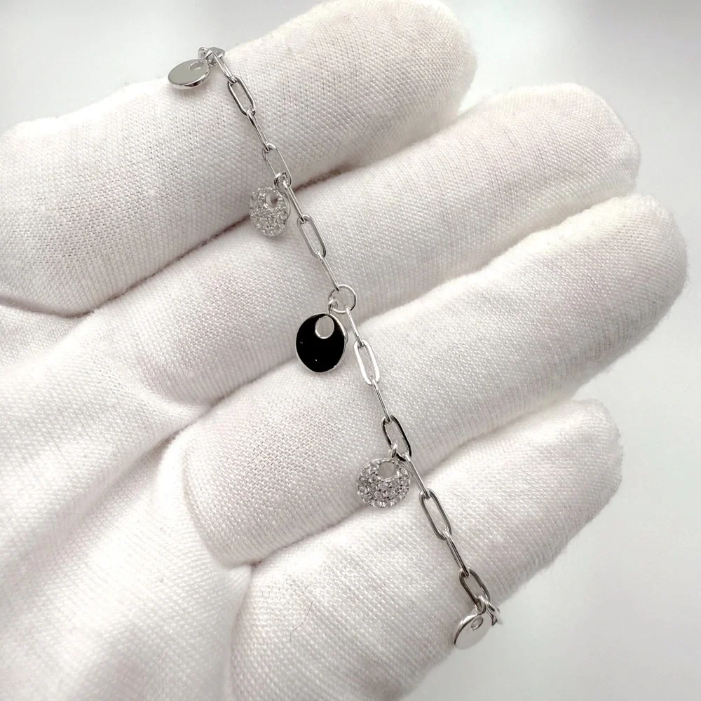 7” .925 Sterling Silver Dangle Cz Circle Charm Bracelet